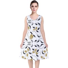 Folk Flowers Print Floral Pattern Ethnic Art V-neck Midi Sleeveless Dress  by Eskimos