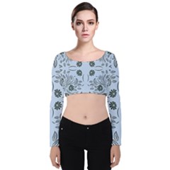 Folk Flowers Print Floral Pattern Ethnic Art Velvet Long Sleeve Crop Top by Eskimos