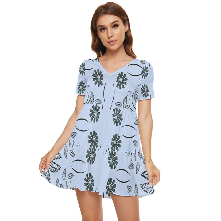 Folk flowers print Floral pattern Ethnic art Tiered Short Sleeve Babydoll Dress