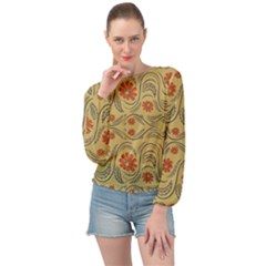 Folk Flowers Print Floral Pattern Ethnic Art Banded Bottom Chiffon Top by Eskimos