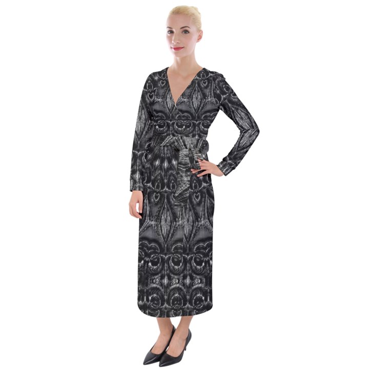 Charcoal Mandala Velvet Maxi Wrap Dress