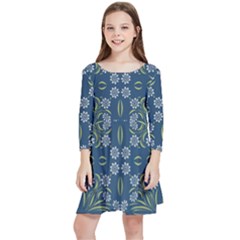 Folk Flowers Print Floral Pattern Ethnic Art Kids  Quarter Sleeve Skater Dress