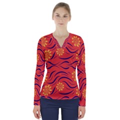 Folk Flowers Print Floral Pattern Ethnic Art V-neck Long Sleeve Top by Eskimos