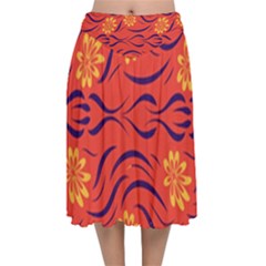 Folk Flowers Print Floral Pattern Ethnic Art Velvet Flared Midi Skirt by Eskimos