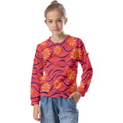 Folk Flowers Print Floral Pattern Ethnic Art Kids  Long Sleeve Tee With Frill 