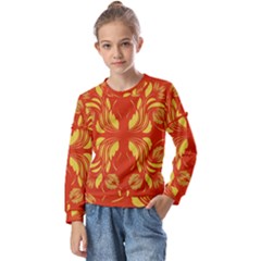 Folk Flowers Print Floral Pattern Ethnic Art Kids  Long Sleeve Tee With Frill 