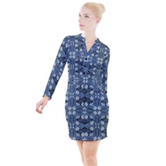 Folk Flowers Print Floral Pattern Ethnic Art Button Long Sleeve Dress by Eskimos