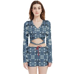 Folk Flowers Print Floral Pattern Ethnic Art Velvet Wrap Crop Top And Shorts Set by Eskimos