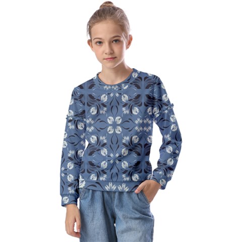 Folk Flowers Print Floral Pattern Ethnic Art Kids  Long Sleeve Tee With Frill  by Eskimos