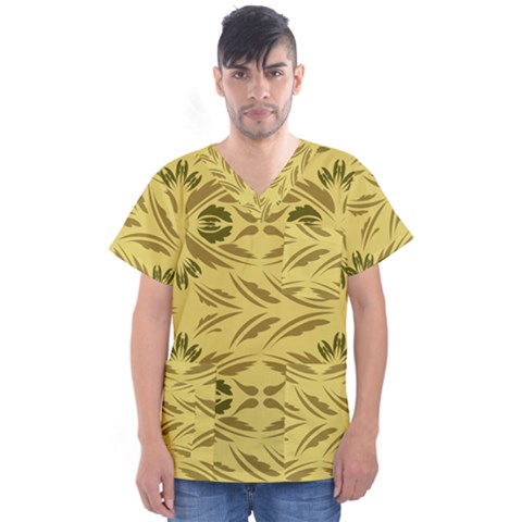 Folk Flowers Print Floral Pattern Ethnic Art Men s V-neck Scrub Top by Eskimos