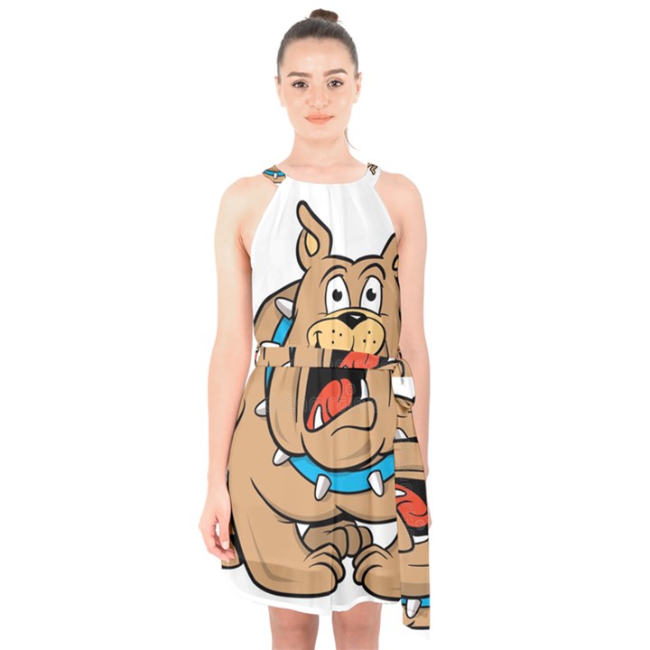 Bulldog-cartoon-illustration-11650862 Halter Collar Waist Tie Chiffon Dress