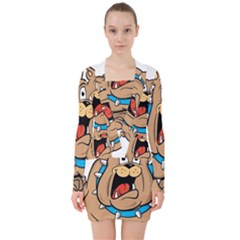 Bulldog-cartoon-illustration-11650862 V-neck Bodycon Long Sleeve Dress by jellybeansanddinosaurs