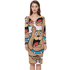 Bulldog-cartoon-illustration-11650862 Long Sleeve V-neck Bodycon Dress  by jellybeansanddinosaurs