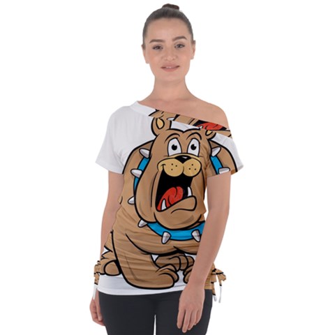 Bulldog-cartoon-illustration-11650862 Off Shoulder Tie-up Tee by jellybeansanddinosaurs