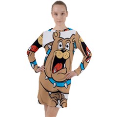 Bulldog-cartoon-illustration-11650862 Long Sleeve Hoodie Dress by jellybeansanddinosaurs