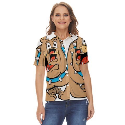 Bulldog-cartoon-illustration-11650862 Women s Short Sleeve Double Pocket Shirt by jellybeansanddinosaurs