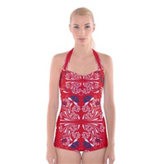 Floral Folk Damask Pattern Fantasy Flowers  Boyleg Halter Swimsuit  by Eskimos