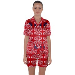 Floral Folk Damask Pattern Fantasy Flowers  Satin Short Sleeve Pajamas Set by Eskimos