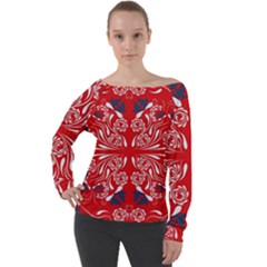 Floral Folk Damask Pattern Fantasy Flowers  Off Shoulder Long Sleeve Velour Top by Eskimos