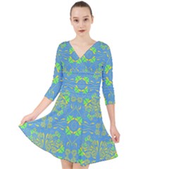 Floral Folk Damask Pattern Fantasy Flowers  Quarter Sleeve Front Wrap Dress by Eskimos