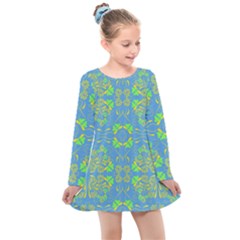 Floral Folk Damask Pattern Fantasy Flowers  Kids  Long Sleeve Dress by Eskimos