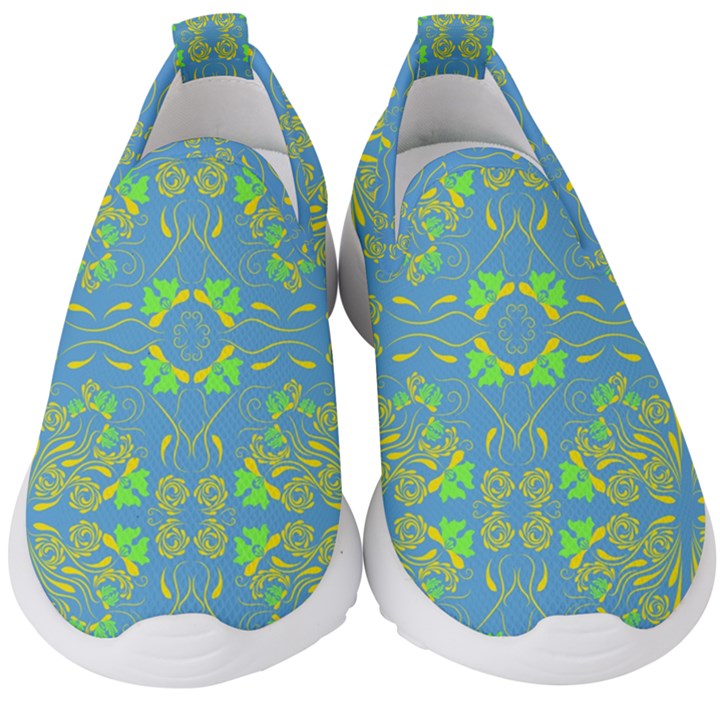 Floral folk damask pattern Fantasy flowers  Kids  Slip On Sneakers