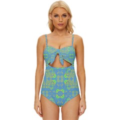 Floral Folk Damask Pattern Fantasy Flowers  Knot Front One-piece Swimsuit