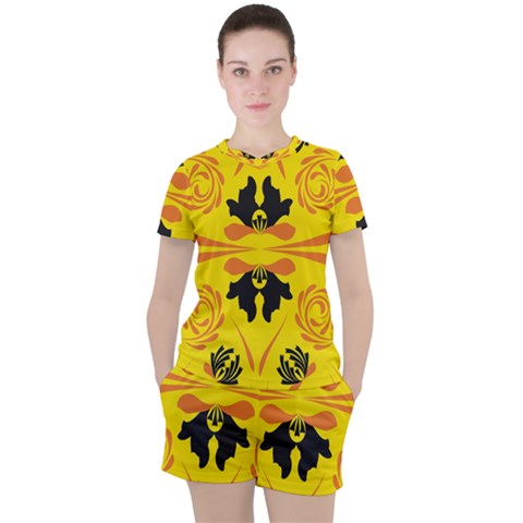 Floral Folk Damask Pattern Fantasy Flowers  Women s Tee And Shorts Set by Eskimos