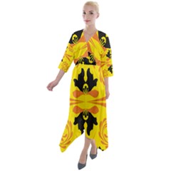 Floral Folk Damask Pattern Fantasy Flowers  Quarter Sleeve Wrap Front Maxi Dress by Eskimos