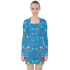 Floral Folk Damask Pattern Fantasy Flowers  V-neck Bodycon Long Sleeve Dress by Eskimos