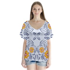 Floral Folk Damask Pattern Fantasy Flowers  V-neck Flutter Sleeve Top by Eskimos