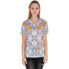 Floral Folk Damask Pattern Fantasy Flowers  Women s V-neck Scrub Top by Eskimos