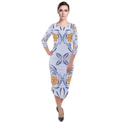 Floral Folk Damask Pattern Fantasy Flowers  Quarter Sleeve Midi Velour Bodycon Dress by Eskimos