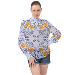 Floral Folk Damask Pattern Fantasy Flowers  High Neck Long Sleeve Chiffon Top by Eskimos