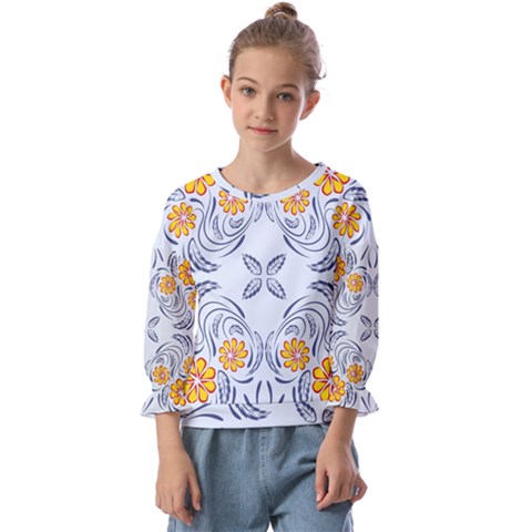 Floral Folk Damask Pattern Fantasy Flowers  Kids  Cuff Sleeve Top by Eskimos