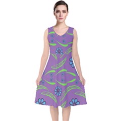 Folk Flowers Print Floral Pattern Ethnic Art V-neck Midi Sleeveless Dress  by Eskimos