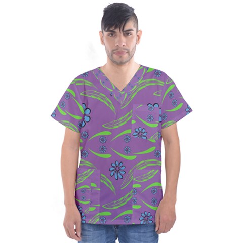 Folk Flowers Print Floral Pattern Ethnic Art Men s V-neck Scrub Top by Eskimos