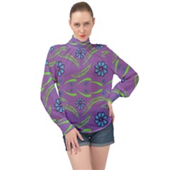 Folk Flowers Print Floral Pattern Ethnic Art High Neck Long Sleeve Chiffon Top by Eskimos