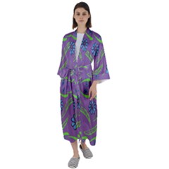 Folk Flowers Print Floral Pattern Ethnic Art Maxi Satin Kimono by Eskimos