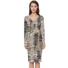 Luxury Snake Print Long Sleeve V-neck Bodycon Dress  by CoshaArt