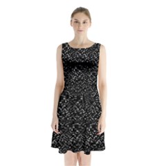 Pixel Grid Dark Black And White Pattern Sleeveless Waist Tie Chiffon Dress