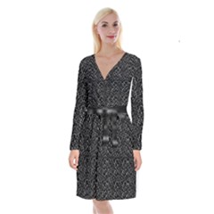 Pixel Grid Dark Black And White Pattern Long Sleeve Velvet Front Wrap Dress by dflcprintsclothing