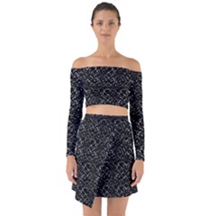 Pixel Grid Dark Black And White Pattern Off Shoulder Top With Skirt Set