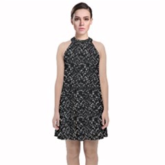 Pixel Grid Dark Black And White Pattern Velvet Halter Neckline Dress  by dflcprintsclothing