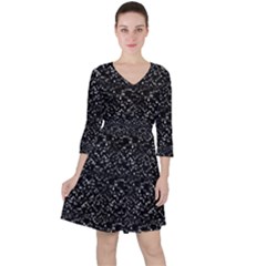 Pixel Grid Dark Black And White Pattern Quarter Sleeve Ruffle Waist Dress by dflcprintsclothing