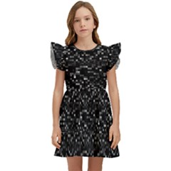 Pixel Grid Dark Black And White Pattern Kids  Winged Sleeve Dress