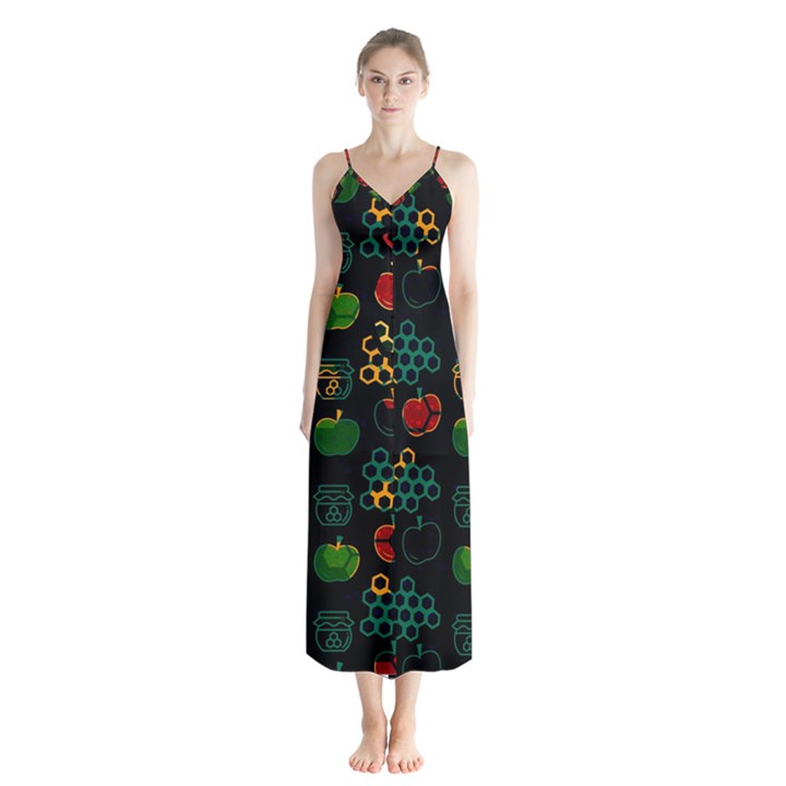 Apples Honey Honeycombs Pattern Button Up Chiffon Maxi Dress