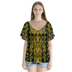 Fanciful Fantasy Flower Forest V-neck Flutter Sleeve Top by pepitasart