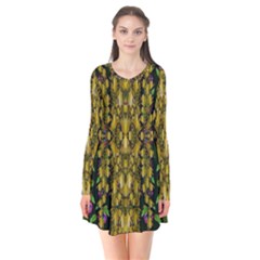 Fanciful Fantasy Flower Forest Long Sleeve V-neck Flare Dress by pepitasart