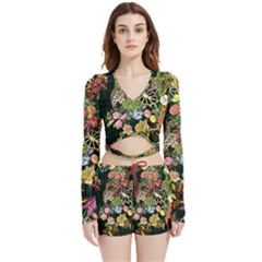 Tropical Pattern Velvet Wrap Crop Top And Shorts Set by CoshaArt